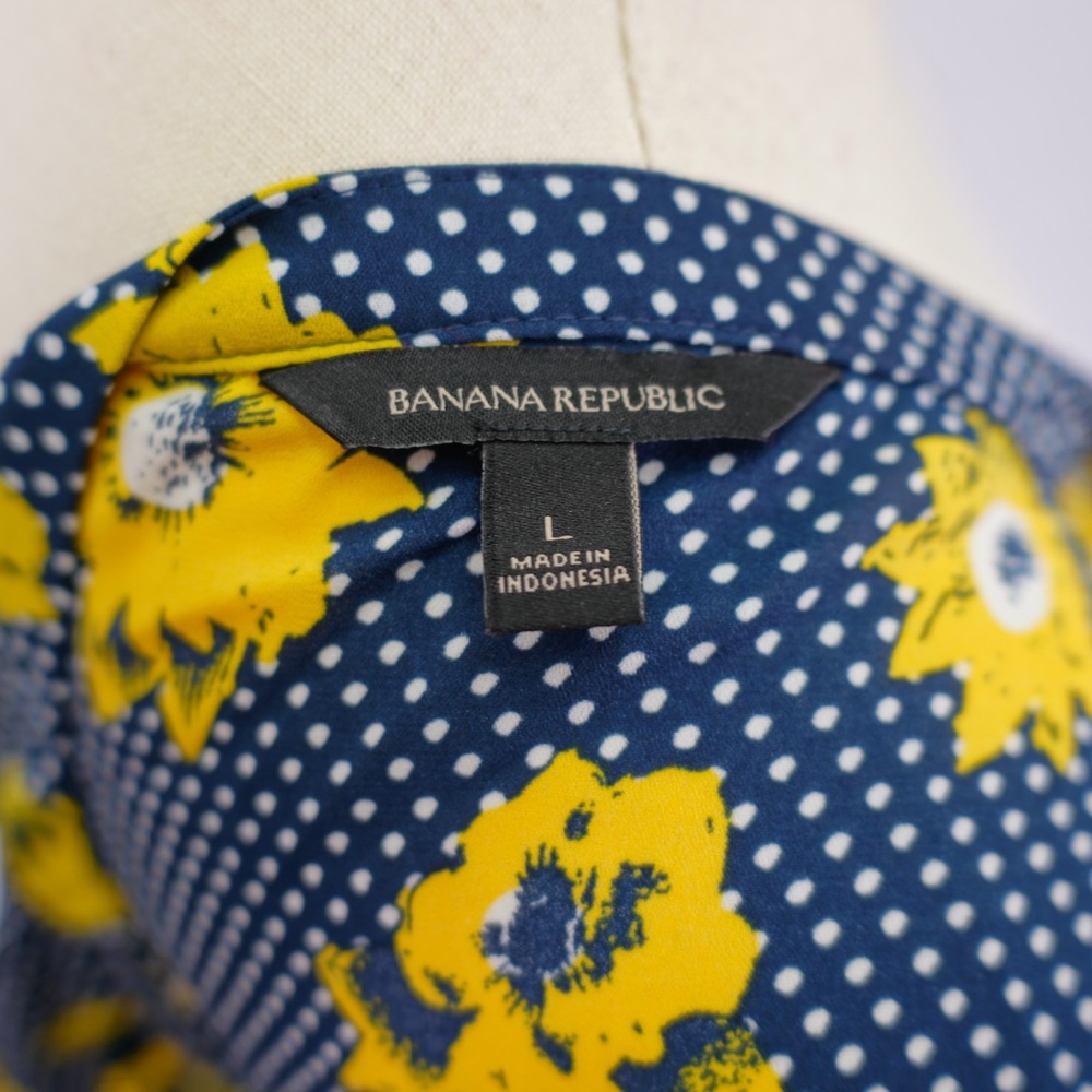 Banana Republic Blue Yellow White Floral‎ Polka Dot Large Long Sleeve Blouse - Picture 6 of 8